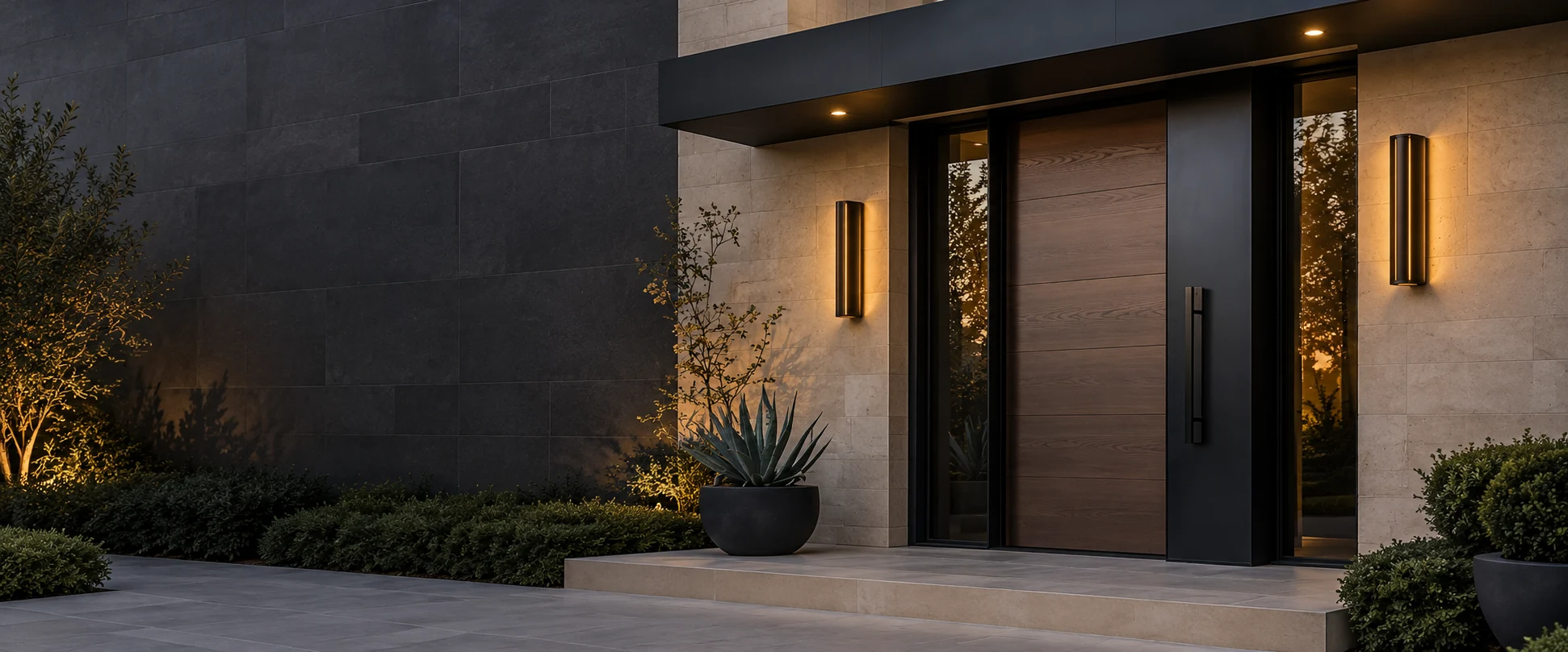 Architectural design reference with a woodgrain entry door, dark stone and warm lighting